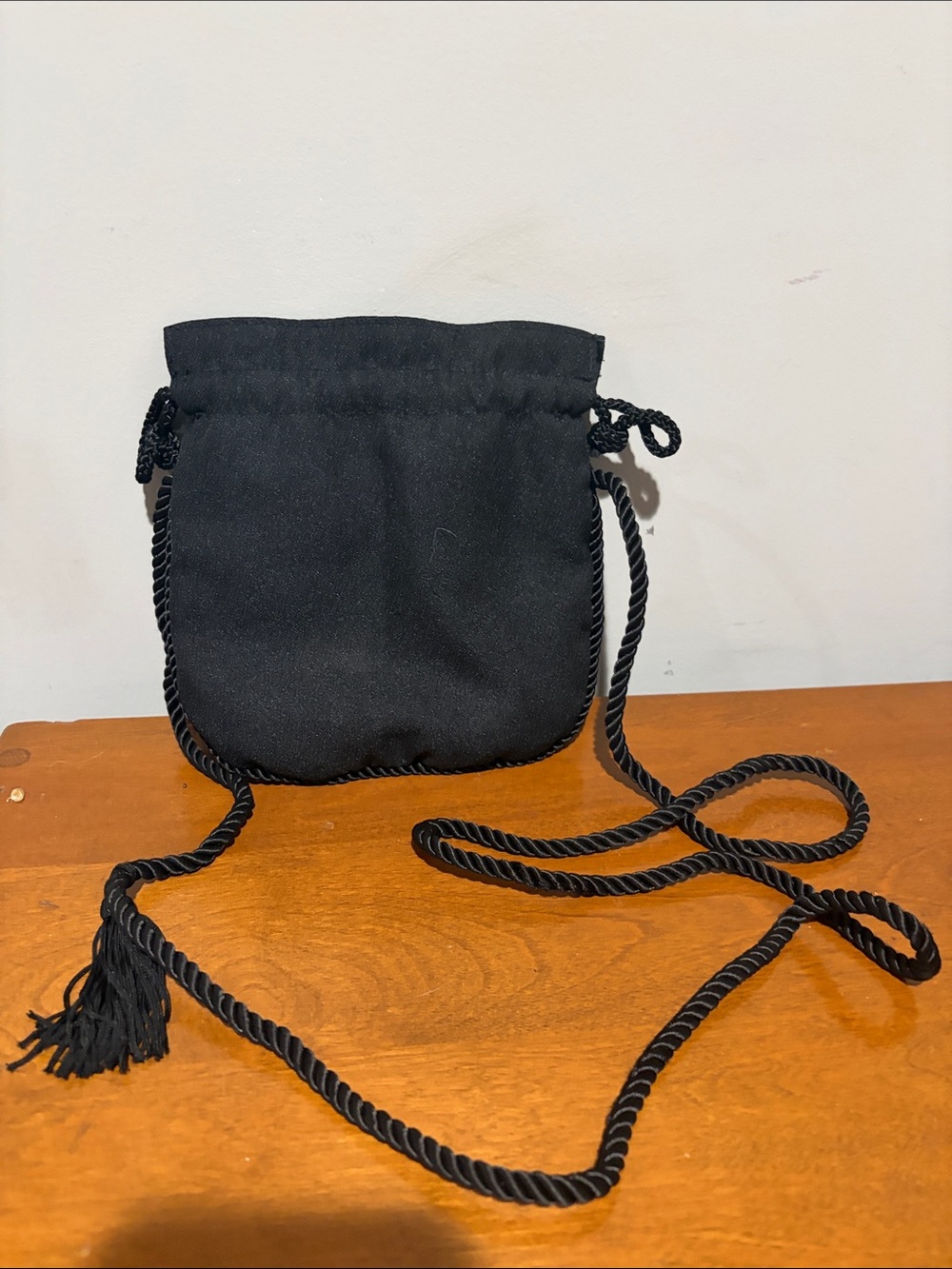 Black Drawstring Crossbody Bag with Rope Strap